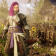 A purple-haired character poised at the character select screen in Amazon's New World.